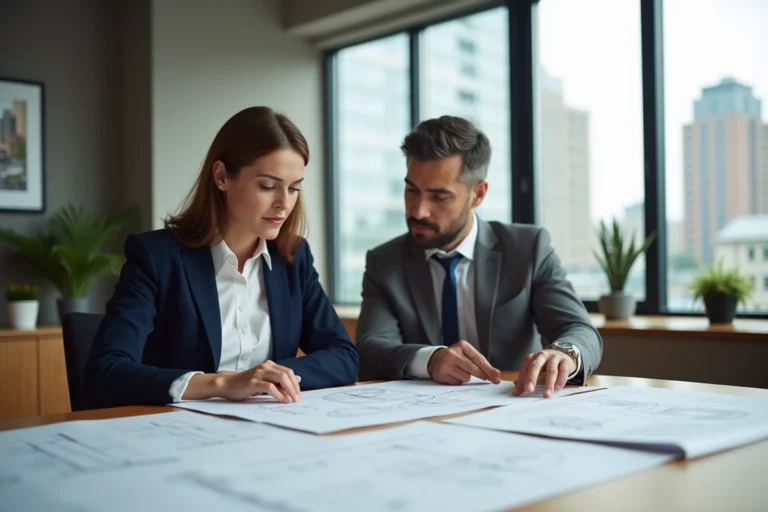 Professionnels de l'immobilier en réunion d'accompagnement autour de plans architecturaux dans un bureau moderne