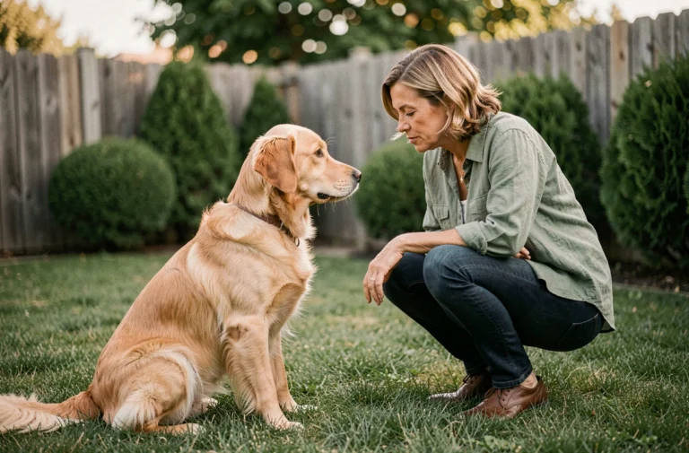 Femme accroupie dans un jardin établissant un contact visuel complice avec son golden retriever lors d'une séance d'accompagnement personnalisé