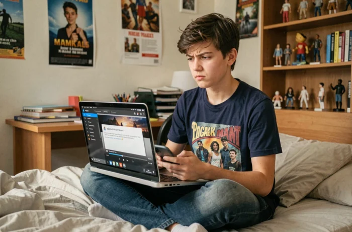 Adolescent dans sa chambre essayant de corriger une erreur de lecture de fichier multimédia sur son ordinateur portable