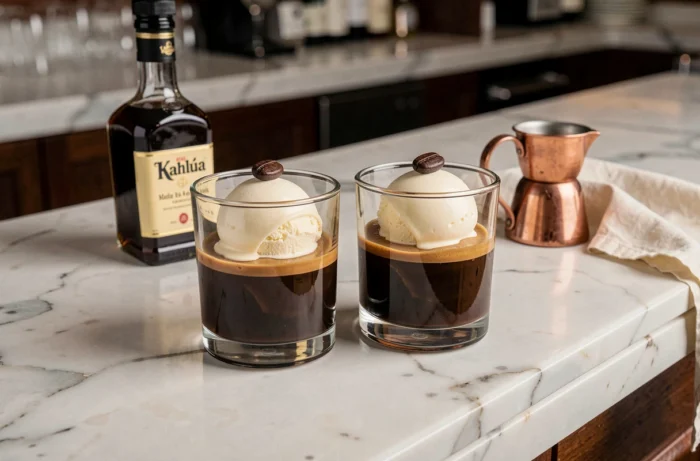 Deux verres d'affogato cocktail au Kahlúa et glace vanille sur un comptoir de bar en marbre avec bouteille de Kahlúa