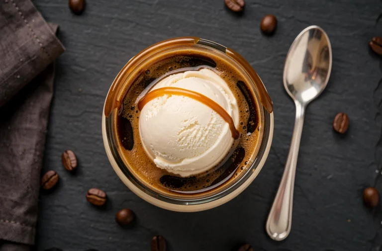 Vue de dessus d'un affogato revisité au Kahlúa avec glace vanille fondante dans un verre court sur ardoise noire