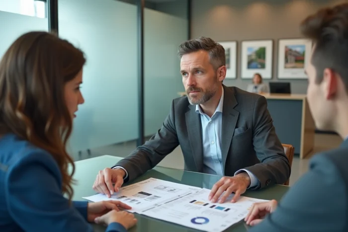 Un agent immobilier présente un devis et un plan de financement à un jeune couple dans une agence immobilière moderne