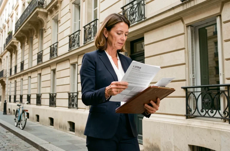 Agent immobilière devant un immeuble haussmannien à Paris, consultant des documents de vente sur le marché immobilier français