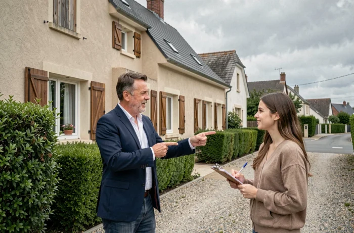Agent immobilier présentant une maison de banlieue à une cliente devant la façade extérieure