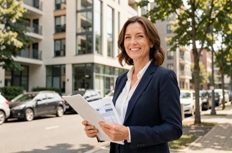 Agente immobilière devant un immeuble moderne présentant une opportunité d'achat immobilier