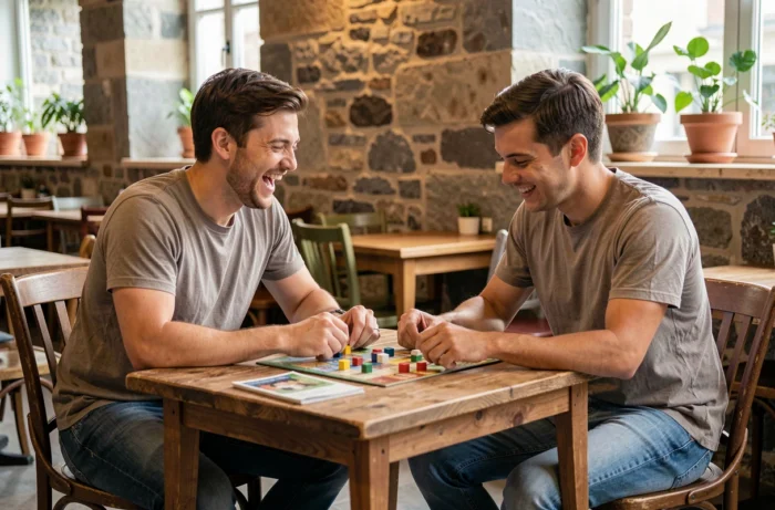 Deux amis jouant à un jeu de société dans un café chaleureux, activité de loisir conviviale et détendue