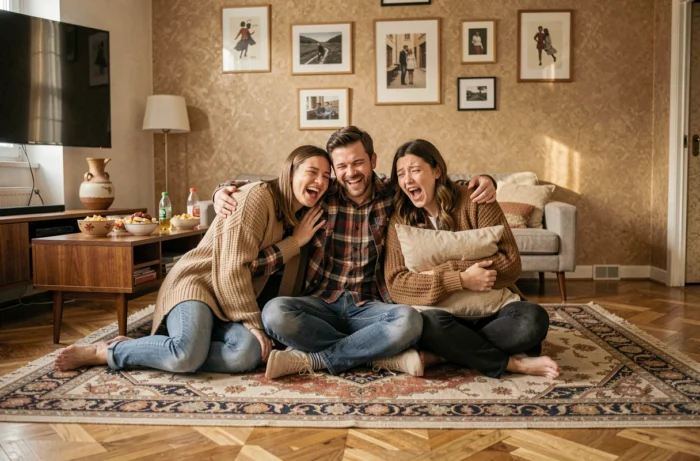 Groupe d'amis réunis pour regarder une série ensemble dans un appartement cosy en automne