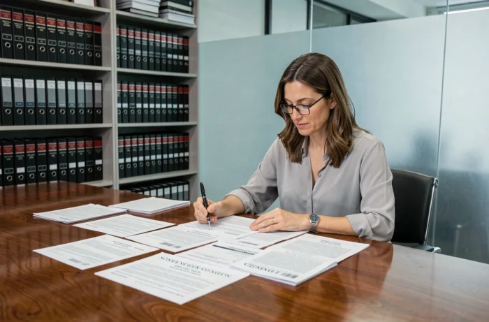 Paralégale analysant des documents officiels de dissolution d'entreprise sur une table de conférence dans un bureau juridique