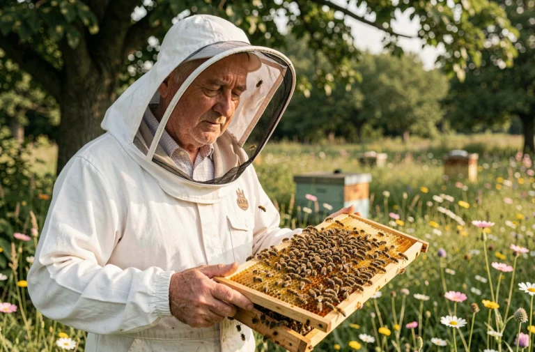 Apiculteur en combinaison blanche tenant un cadre de ruche recouvert d'abeilles dans un rucher en pleine nature, illustrant la relation entre les hommes et les abeilles