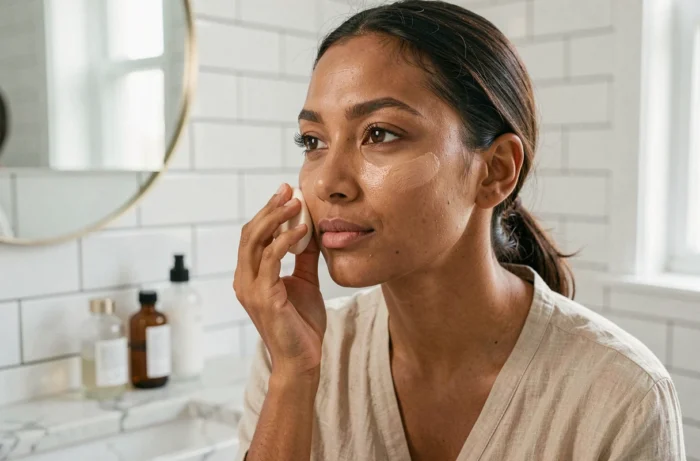 Femme appliquant un fond de teint couvrant sur sa peau avec une éponge beauty blender devant un miroir de salle de bain