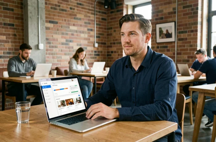 Homme en télétravail utilisant une application de formation en ligne dans un espace de coworking