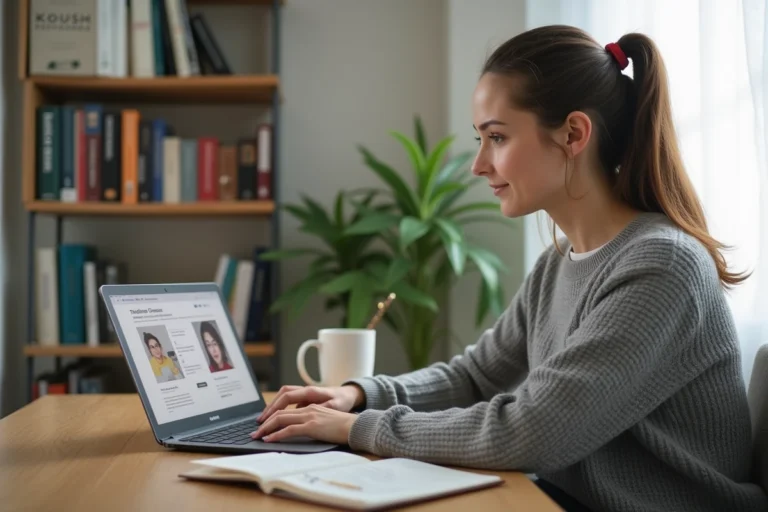 Femme adulte en télétravail suivant une formation en ligne depuis son bureau à domicile avec un ordinateur portable et des notes manuscrites