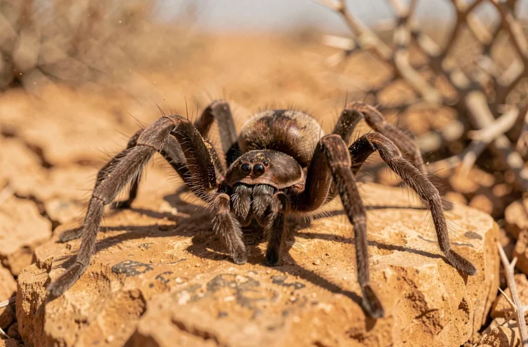 Araignée couteau de Djibouti vue en gros plan sur un rocher aride, montrant ses pattes épineuses et ses chélicères dans un environnement désertique authentique