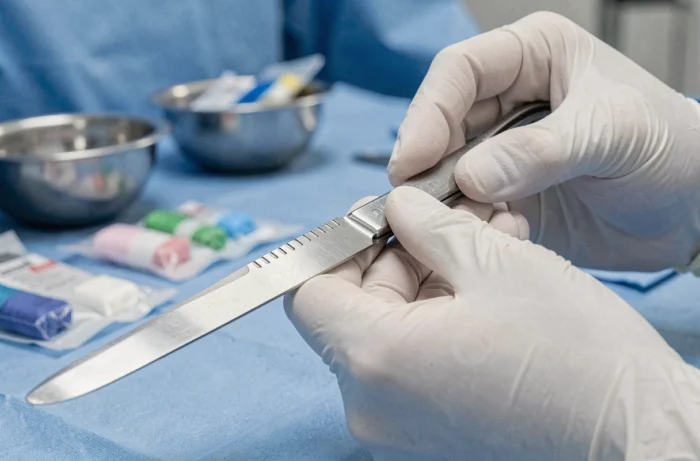 Mains gantées d'un chirurgien assemblant un scalpel avec une lame chirurgicale sur un champ stérile