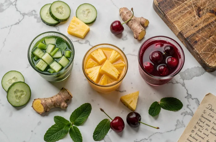 Assortiment de trois jus anti-inflammatoires maison au céleri, ananas curcuma et cerise sur marbre