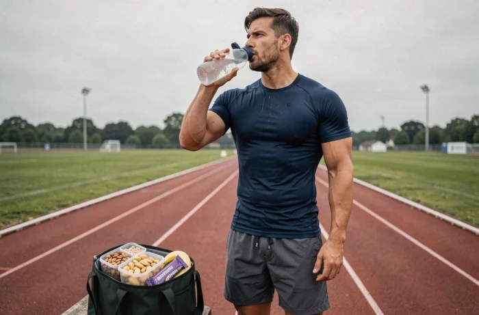 Athlète masculin en tenue de sport consommant une boisson électrolyte et des collations nutritives après l'entraînement sur une piste d'athlétisme