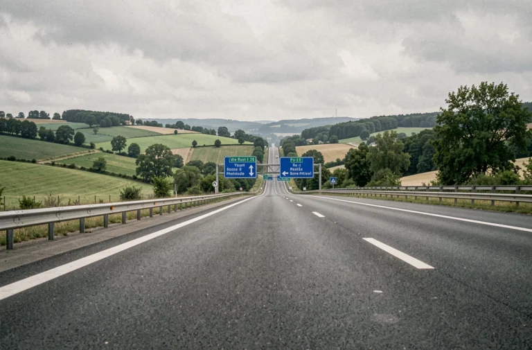 Vue grand angle d'une autoroute française moderne traversant un paysage de collines verdoyantes avec panneaux de signalisation bleus