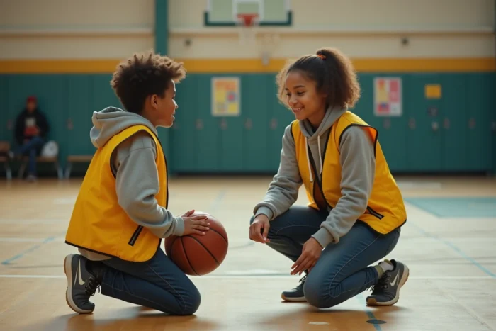 Bénévole encadrant un jeune adolescent lors d'une séance de basket dans un gymnase communautaire dans le cadre d'un programme sportif solidaire