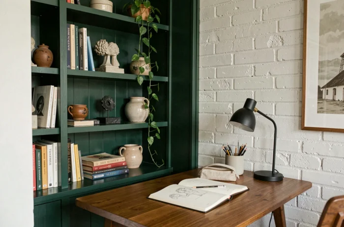 Bureau à domicile aménagé dans une alcôve avec étagères vert forêt, plantes retombantes et objets décoratifs vintage