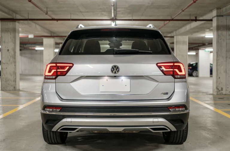 Caméra de recul intégrée dans la poignée de hayon d'une Volkswagen T-Roc 2026 garée dans un parking souterrain moderne
