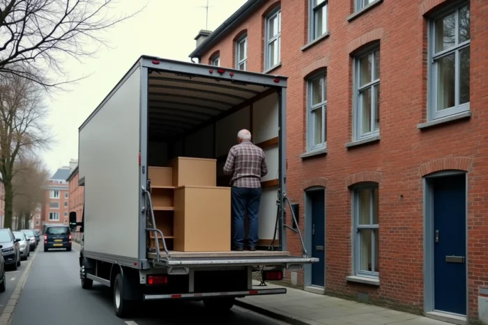 Camion de déménagement avec lift télescopique déployé dans une rue résidentielle de Bruxelles
