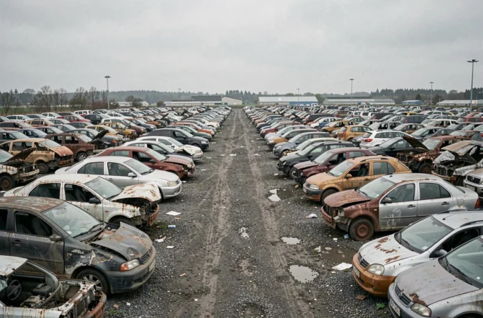 Vue panoramique d'une grande casse automobile en plein air à Nantes avec rangées de véhicules hors d'usage
