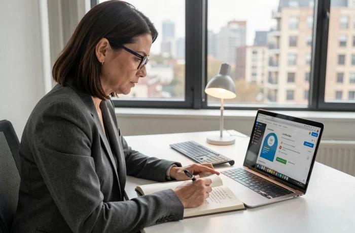Femme adulte préparant une certification comptable à distance avec une application d'apprentissage en ligne