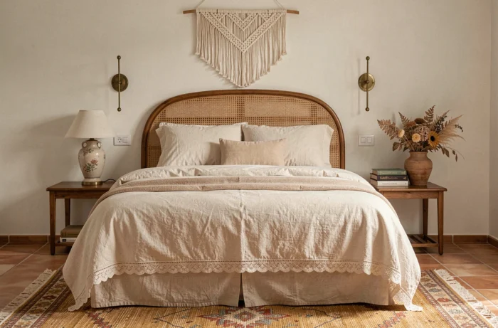 Chambre bohème chic avec tête de lit en rotin, linge de lit en lin ivoire et décoration artisanale en macramé et poterie