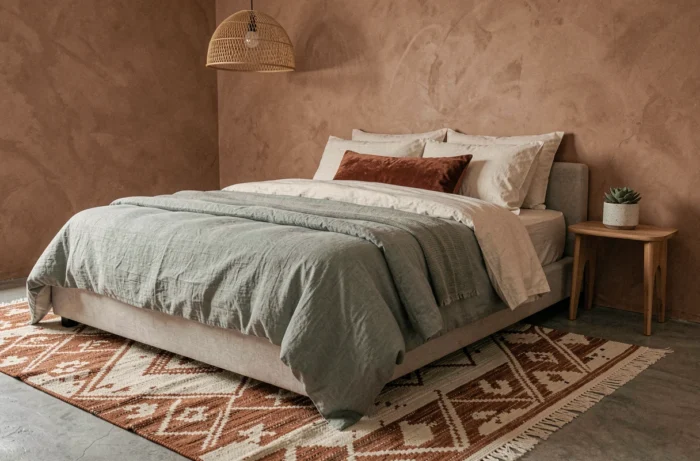 Chambre cocooning avec literie en lin lavé sauge, coussin en velours terracotta et tapis marocain sur sol en béton ciré