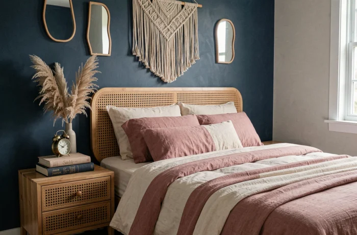 Chambre à coucher décorée avec une tête de lit en rotin, un mur indigo peint à la main et des accessoires artisanaux pour une décoration intérieure originale et tendance