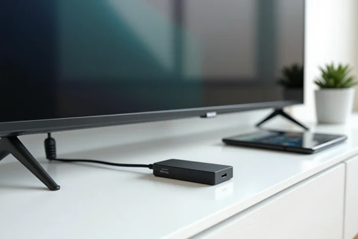 Clé Android TV branchée sur un téléviseur avec une application TNT gratuite affichée sur un smartphone à côté