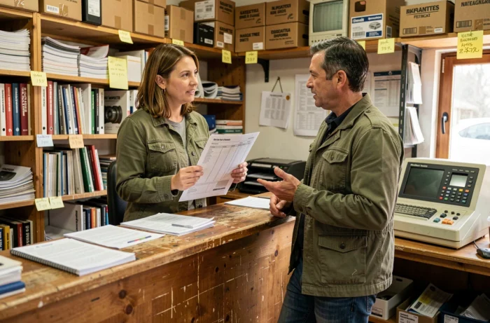 Cliente discutant avec un vendeur au comptoir d'une casse automobile à Nantes pour trouver des pièces d'occasion