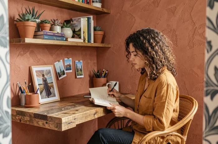 Femme assise dans un coin bureau créatif à la décoration personnalisée avec étagères, plantes et mur en terre cuite pour un intérieur original