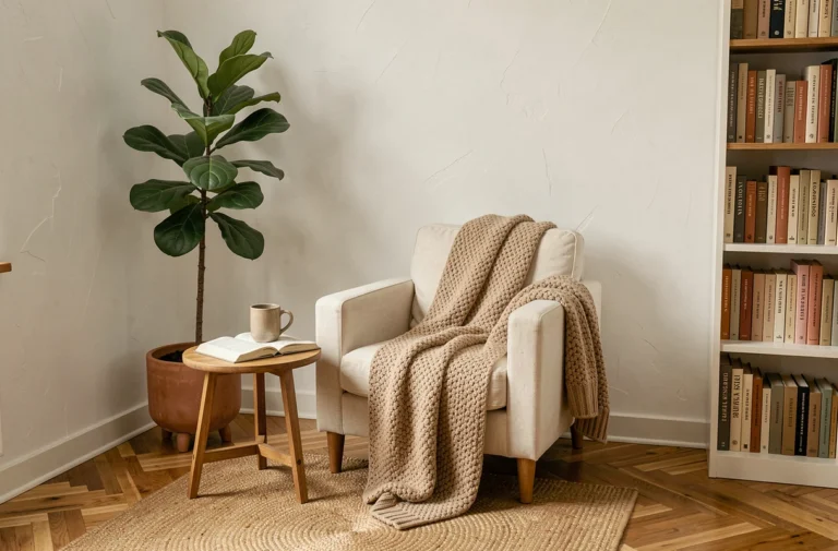 Coin lecture cosy avec fauteuil en lin crème, plaid en laine épaisse et plante verte dans un appartement scandinave au parquet en chêne