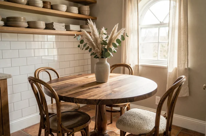 Coin repas convivial avec table en noyer massif, chaises dépareillées en bois et bouclé, vase en pampas séchés dans une cuisine cocooning