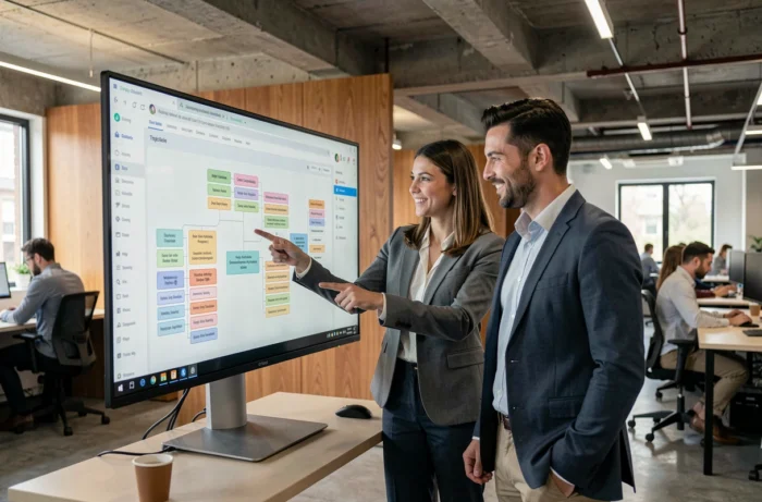 Deux collègues analysant l'architecture d'un sitemap d'emploi sur grand écran dans un espace de coworking