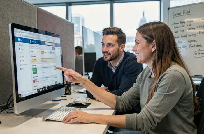 Deux collègues collaborant pour consulter des offres d'emploi en ligne actualisées sur un écran de bureau en open space