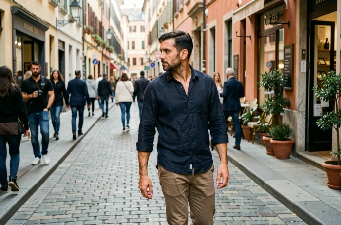Homme discret marchant dans une rue animée, visage naturellement détourné de l'objectif, illustrant la volonté de rester à l'écart des médias
