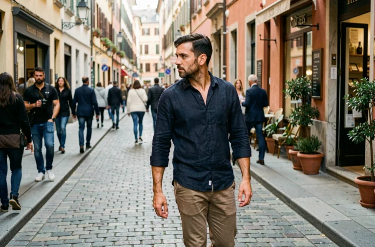 Homme discret marchant dans une rue animée, visage naturellement détourné de l'objectif, illustrant la volonté de rester à l'écart des médias