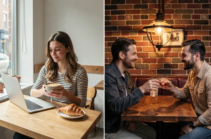 Comparaison ambiance café le jour et bar le soir dans un même établissement montrant deux cultures différentes