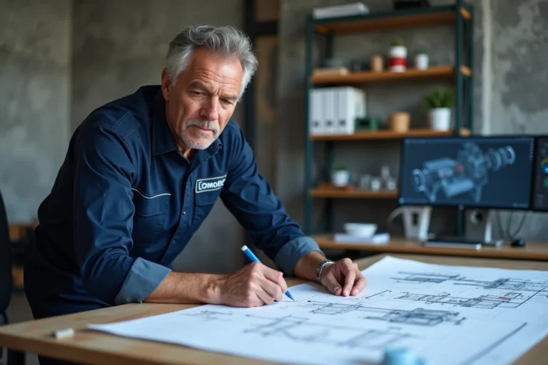 Concepteur de machines industrielles analysant des plans mécaniques sur une table de travail en bureau technique moderne