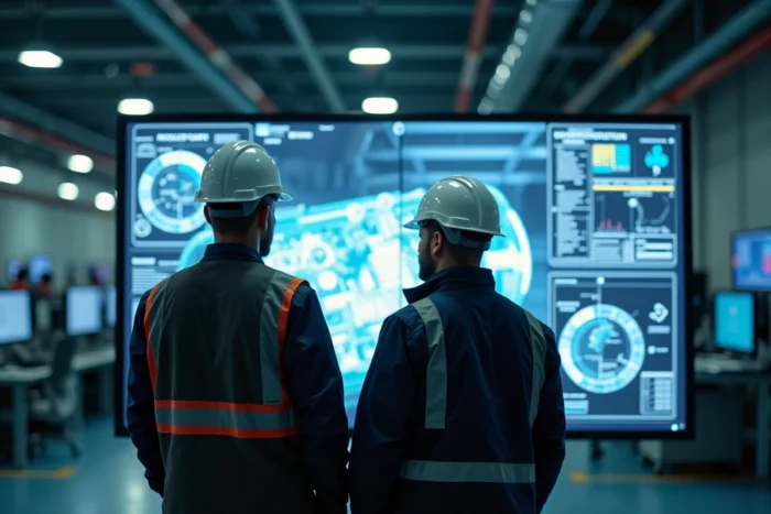 Deux concepteurs industriels collaborant devant un écran tactile affichant le jumeau numérique d'une ligne de production automatisée