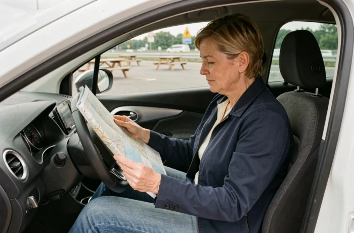 Femme conductrice consultant une carte routière dans son véhicule garé sur une aire de repos d'autoroute en France