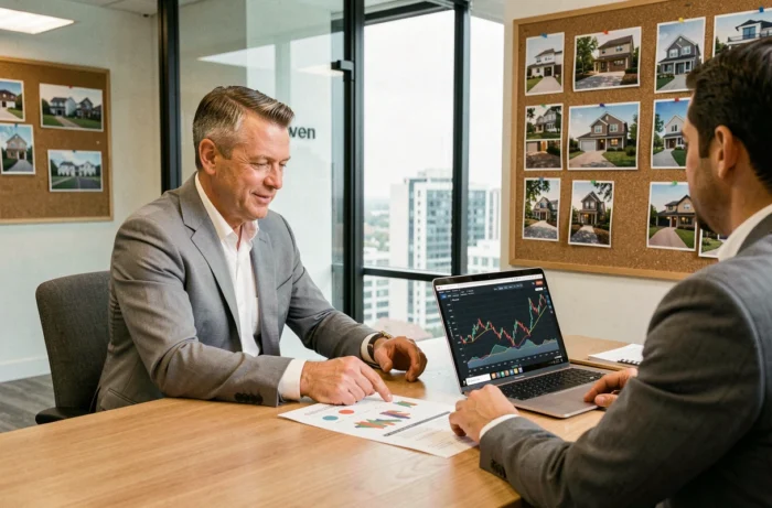 Conseiller immobilier présentant des graphiques de tendances et d'évolution des prix du marché immobilier à un client en agence