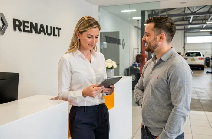 Conseillère de service Renault accueillant un client à la réception d'un garage automobile