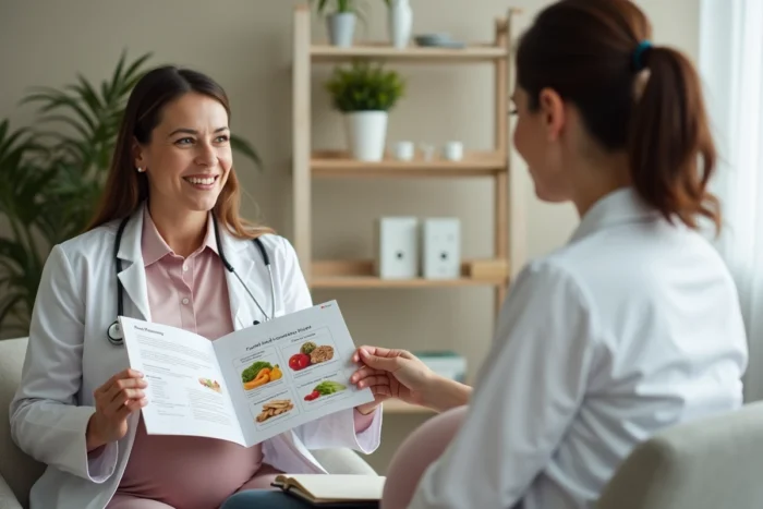 Consultation médicale avec une sage-femme expliquant les risques alimentaires liés à la toxoplasmose à une femme enceinte