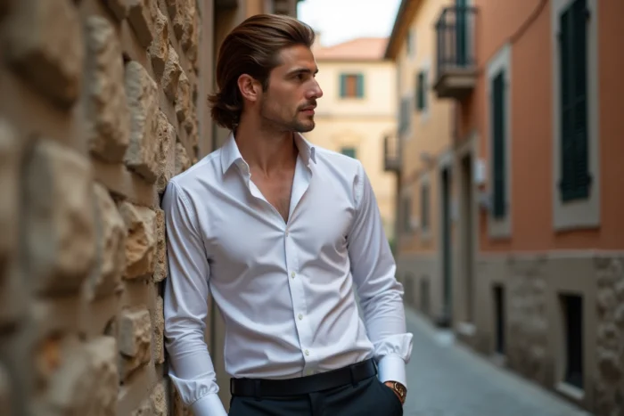 Jeune homme avec coupe mi-longue style mafieux appuyé contre un mur en pierre dans une ruelle italienne pittoresque