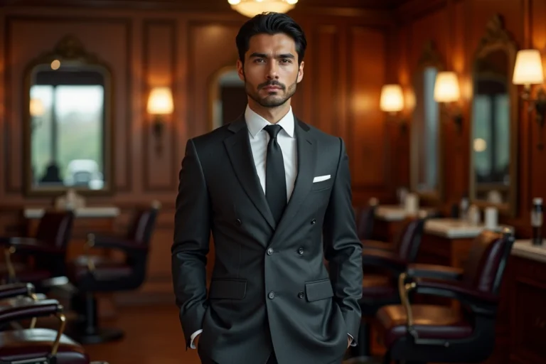 Homme élégant avec coupe mafieux italien mi-long soigneusement coiffé, portant un costume anthracite dans un salon de coiffure classique