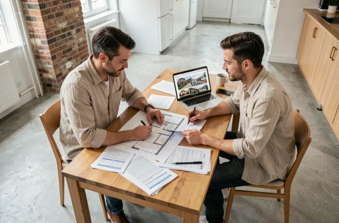 Couple étudiant des plans et documents immobiliers dans un appartement moderne rénové, symbolisant l'achat immobilier en France