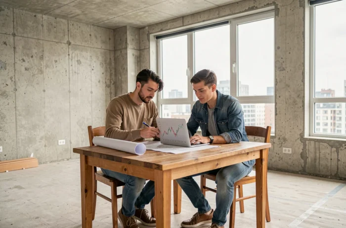 Couple de jeunes acheteurs étudiant des plans immobiliers et des tendances du marché dans un appartement en rénovation